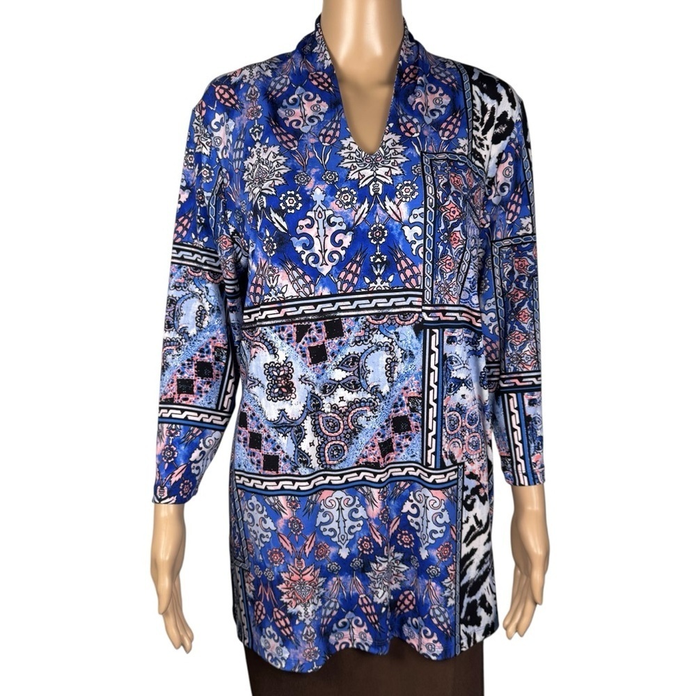 Easywear By Chico's Dreamweaver Patchwork Loma Tunic Blouse Size 2 US L